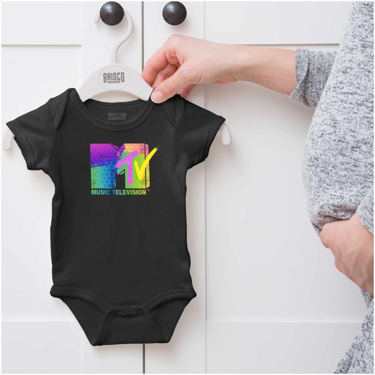 image:imageBrisco Brands Retro MTV Distressed Stamps Logo Baby Romper Boys or GirlsBlack