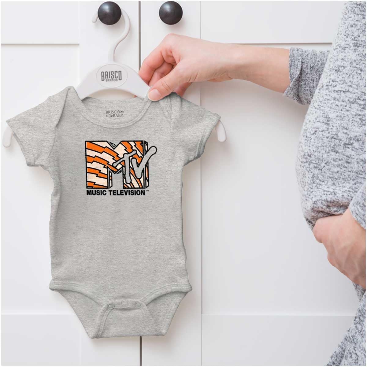 image:imageBrisco Brands Retro MTV Electric Stripes Logo Baby Romper Boys or GirlsHeather