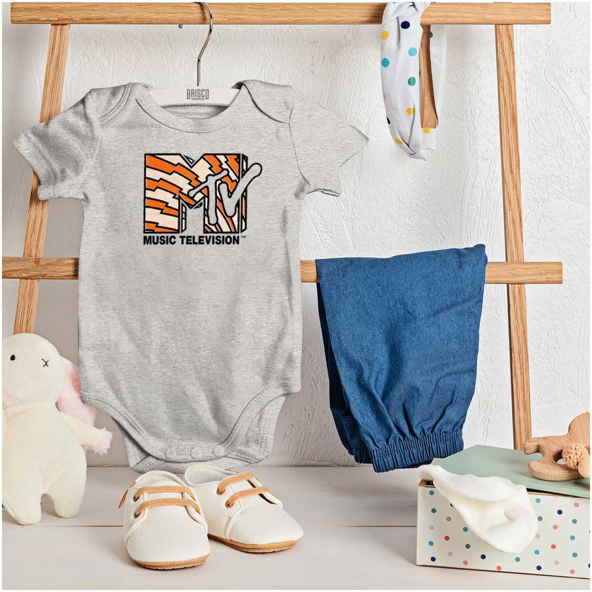image:imageBrisco Brands Retro MTV Electric Stripes Logo Baby Romper Boys or GirlsHeather