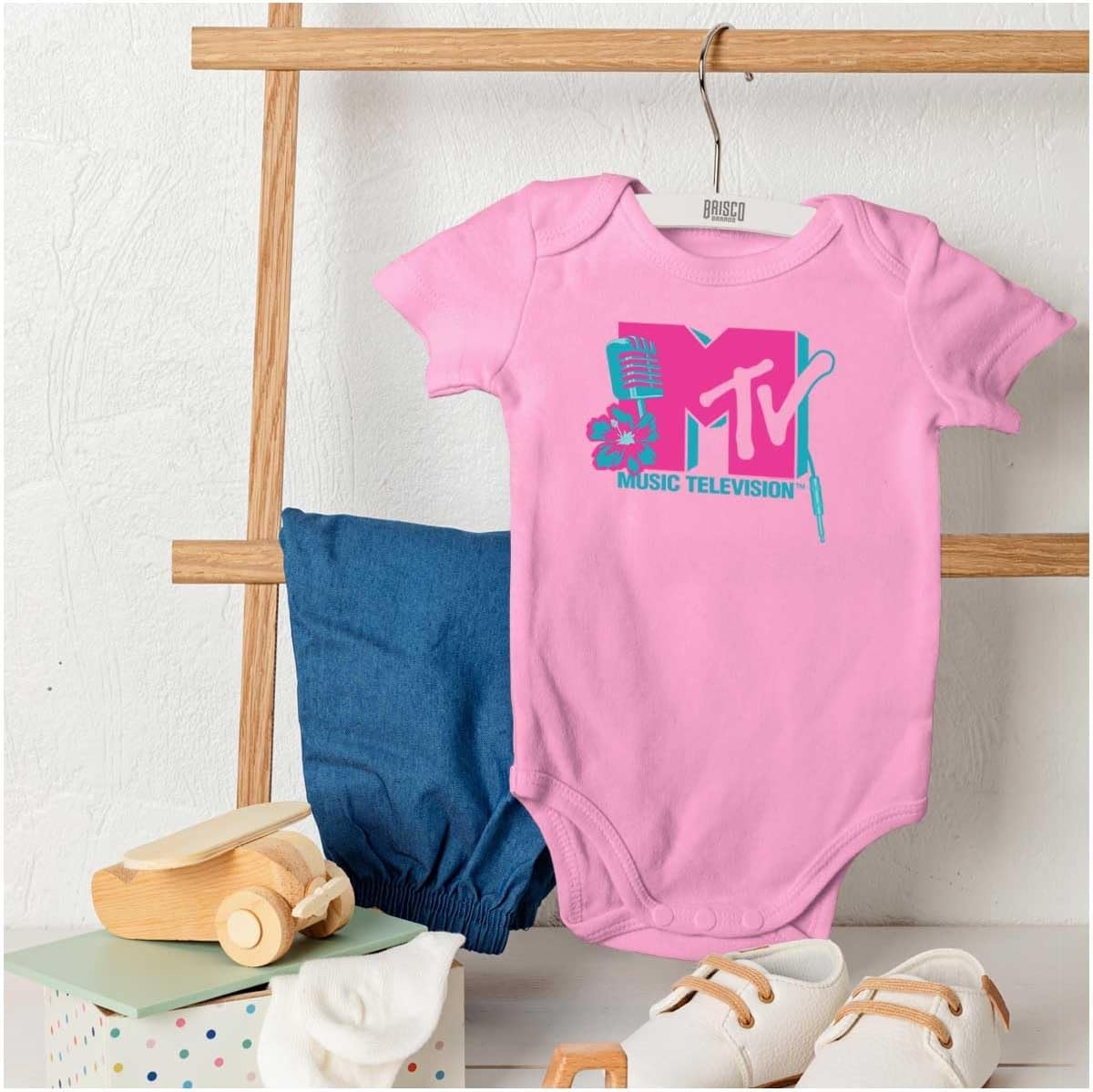 image:imageBrisco Brands Retro MTV Floral Microphone Logo Baby Romper Boys or GirlsPink