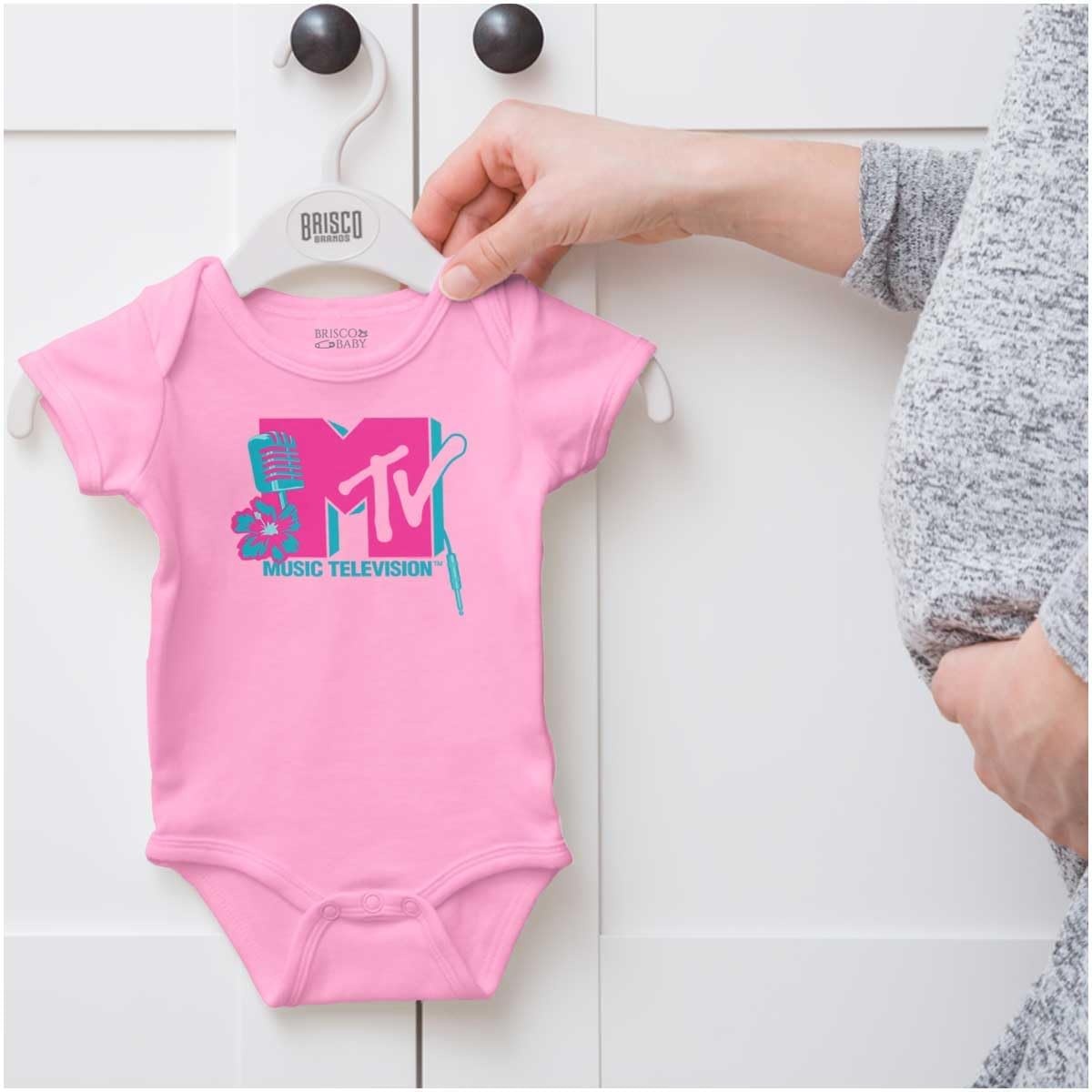 image:imageBrisco Brands Retro MTV Floral Microphone Logo Baby Romper Boys or GirlsPink