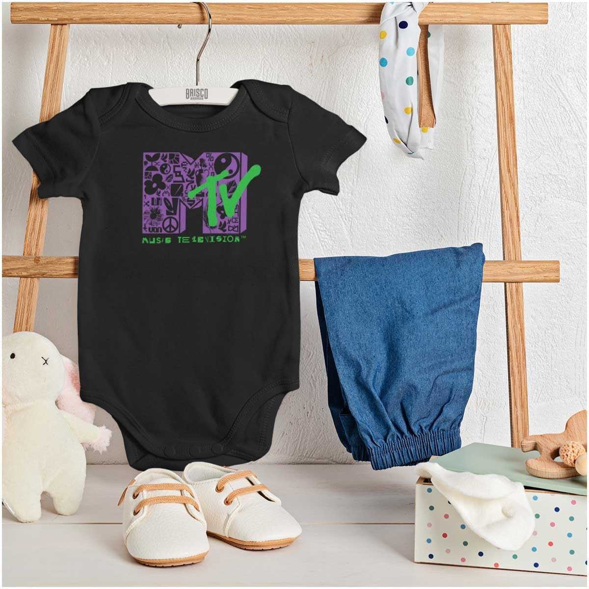 image:imageBrisco Brands Retro MTV Peace Zen Hippie Logo Baby Romper Boys or GirlsBlack