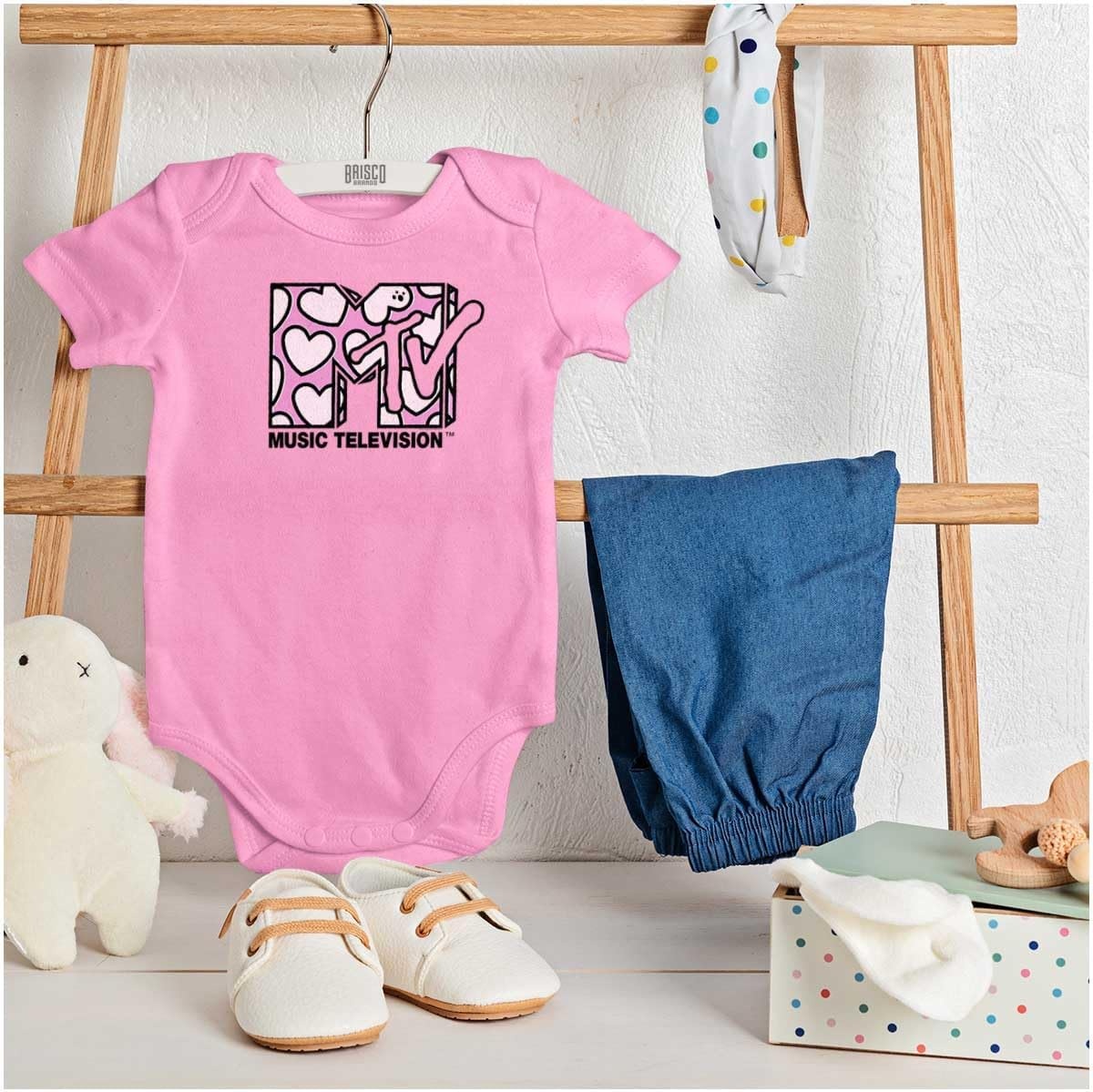 image:imageBrisco Brands Retro MTV Valentines Hearts Logo Baby Bodysuit Jumper GirlsPink