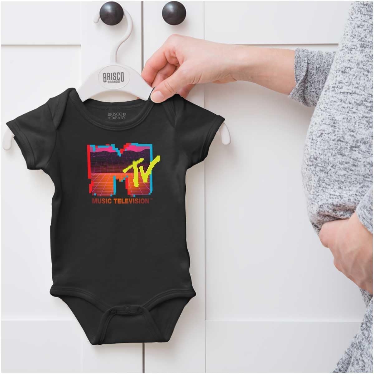 image:imageBrisco Brands Retro MTV Vaporwave Landscape Logo Baby Romper Boys or GirlsBlack