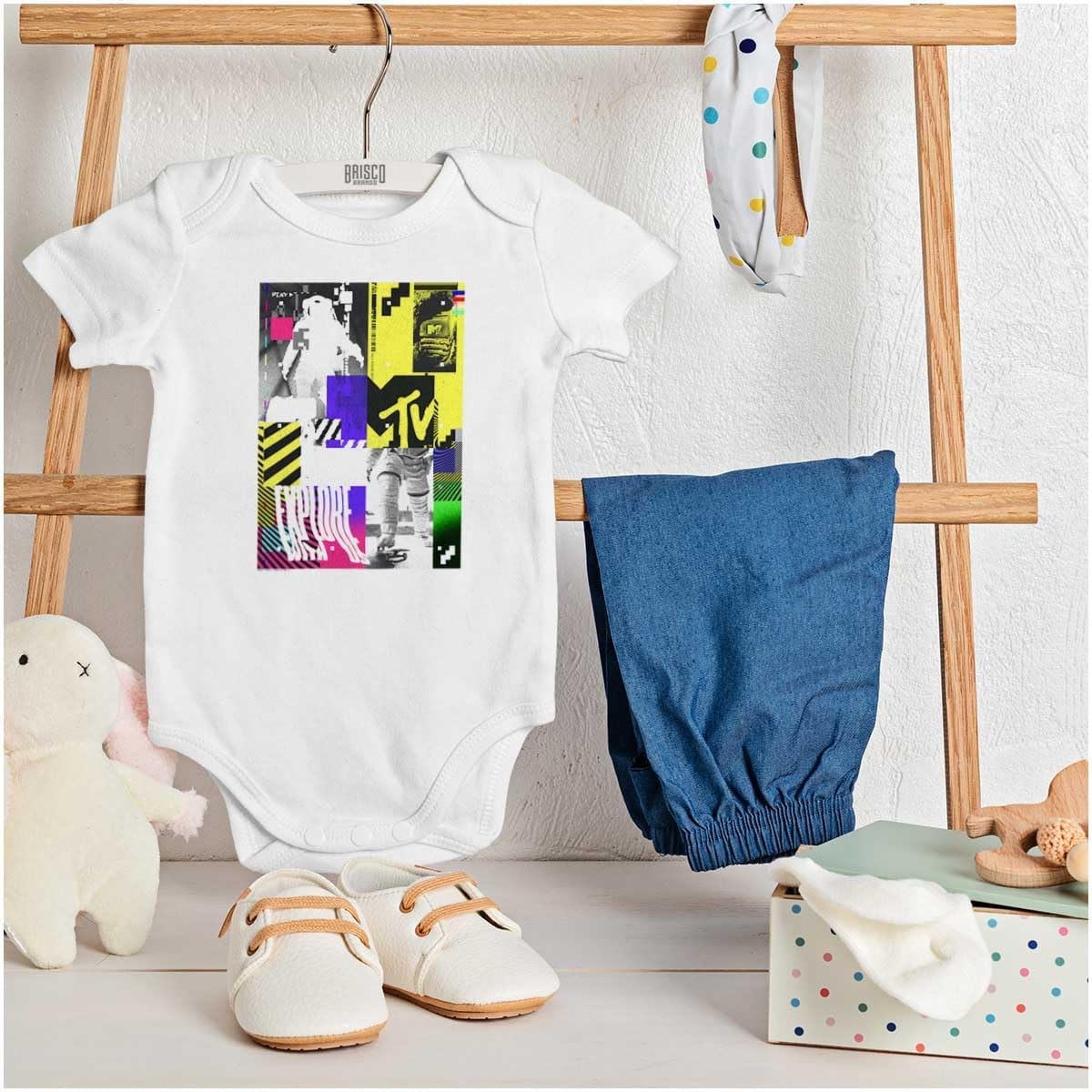 image:imageBrisco Brands Static Glitch MTV Explore With Us Baby Romper Boys or GirlsWhite