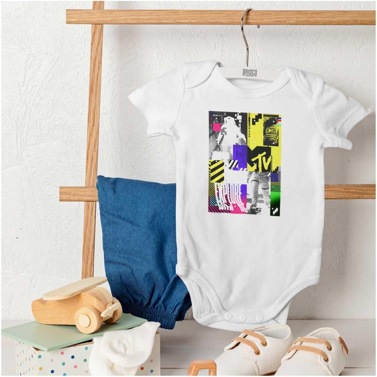 image:imageBrisco Brands Static Glitch MTV Explore With Us Baby Romper Boys or GirlsWhite