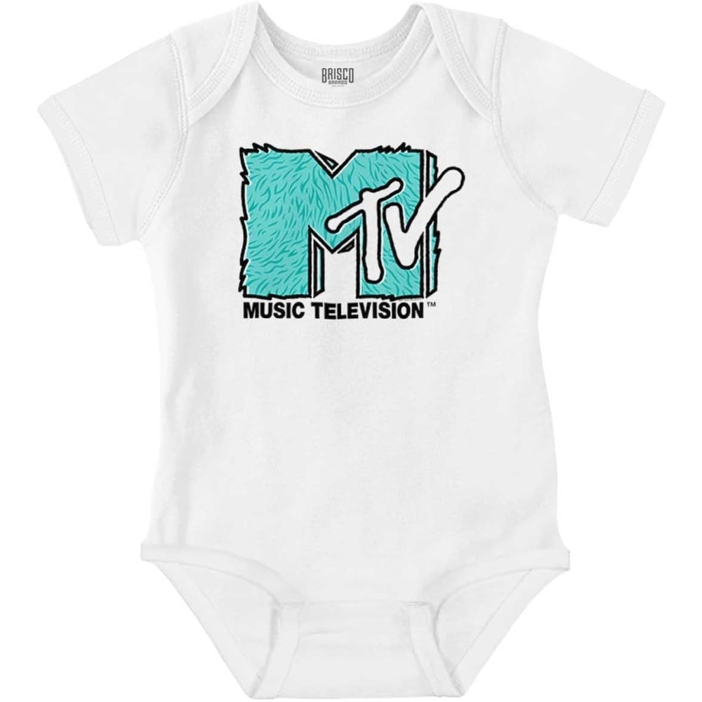 image:imageBrisco Brands Cool Retro MTV Fluffy Fur Logo Baby Romper Boys or GirlsWhite