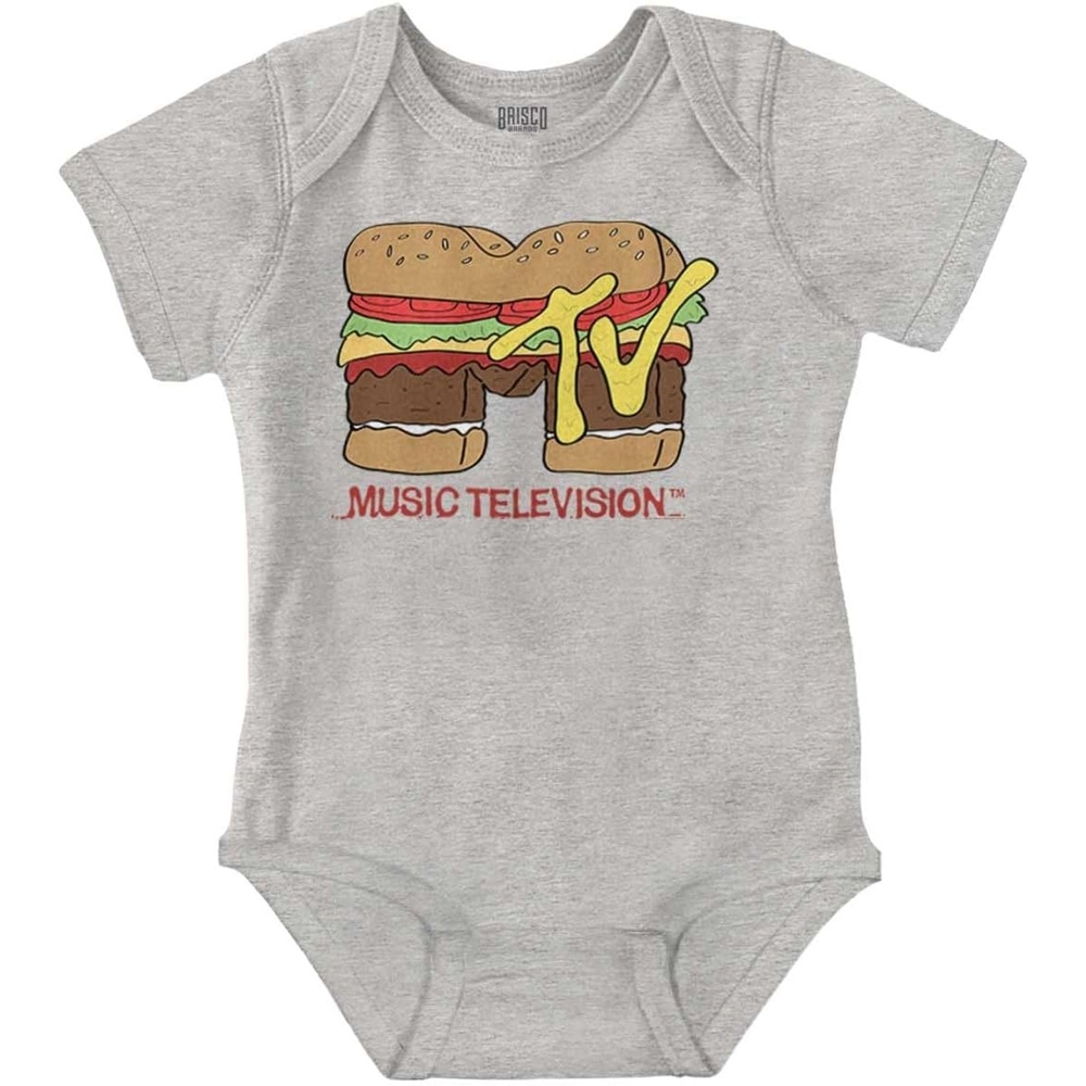 image:imageBrisco Brands Retro MTV Cheese Burger Food Logo Baby Romper Boys or GirlsHeather