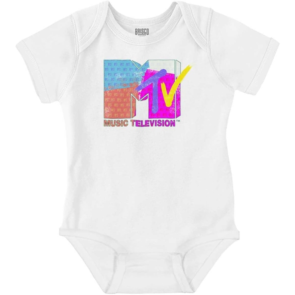 image:imageBrisco Brands Retro MTV Color Block Stamps Logo Baby Romper Boys or GirlsWhite