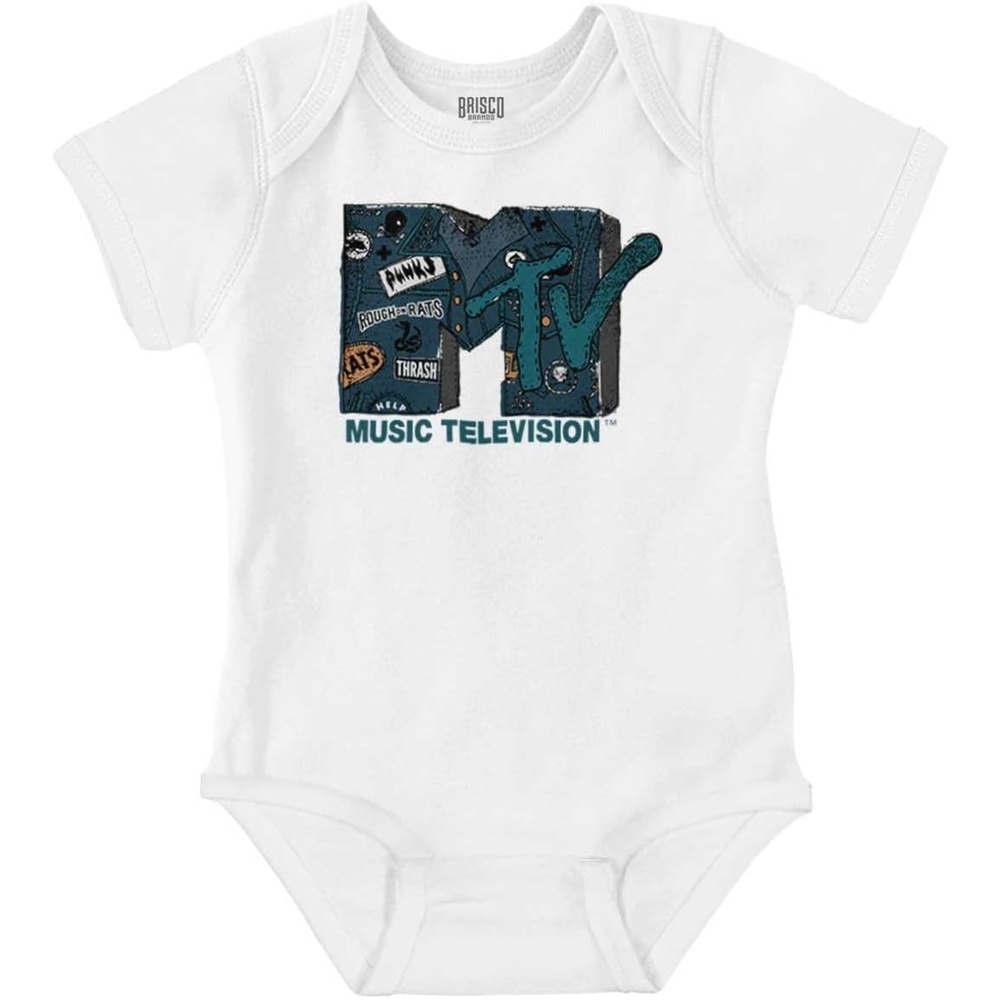 image:imageBrisco Brands Retro MTV Distressed Denim Logo Baby Romper Boys or GirlsWhite