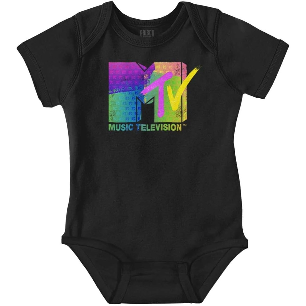 image:imageBrisco Brands Retro MTV Distressed Stamps Logo Baby Romper Boys or GirlsBlack