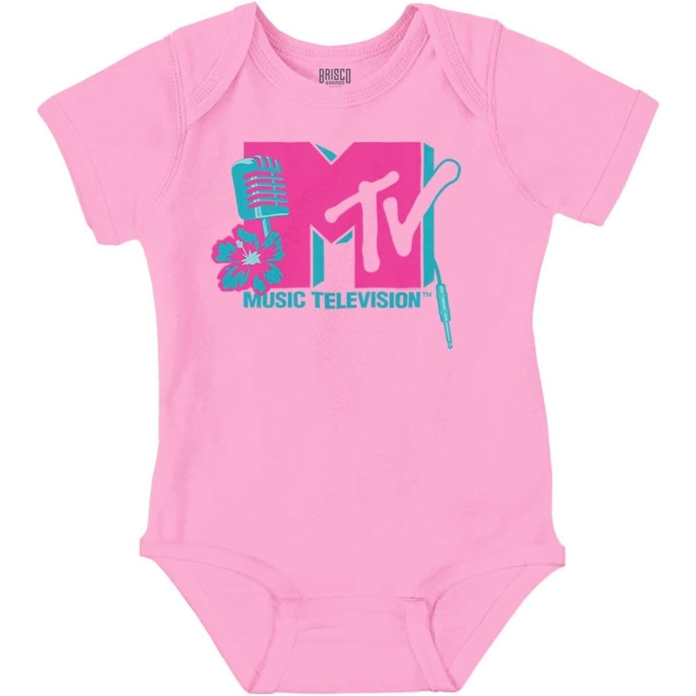 image:imageBrisco Brands Retro MTV Floral Microphone Logo Baby Romper Boys or GirlsPink