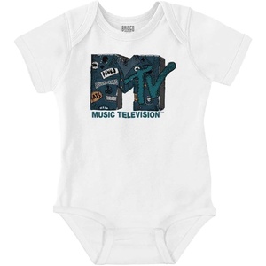 Brisco Brands Retro MTV Distressed Denim Logo Baby Romper Boys or Girls(White)