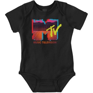 Brisco Brands Retro MTV Vaporwave Landscape Logo Baby Romper Boys or Girls(Black)