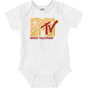 Brisco Brands Vintage MTV Retro Boombox Logo Baby Romper Boys or Girls(White)