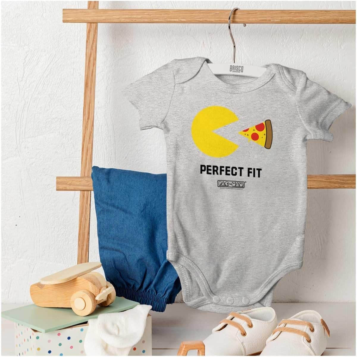 image:imageBrisco Brands Funny PACMAN Perfect Fit Pizza Baby Romper Boys or GirlsHeather