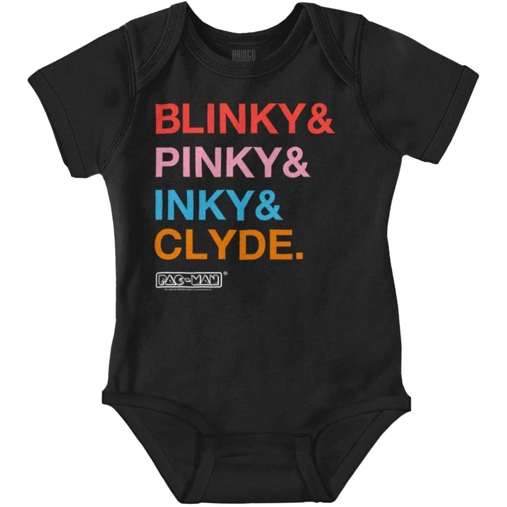image:imageBrisco Brands PACMAN Ghosts Blinky Pinky Inky Clyde Baby Romper Boys or GirlsBlack