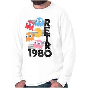 Retro Pacman Arcade Game Characters Long Sleeve Tshirt Men Women(White)