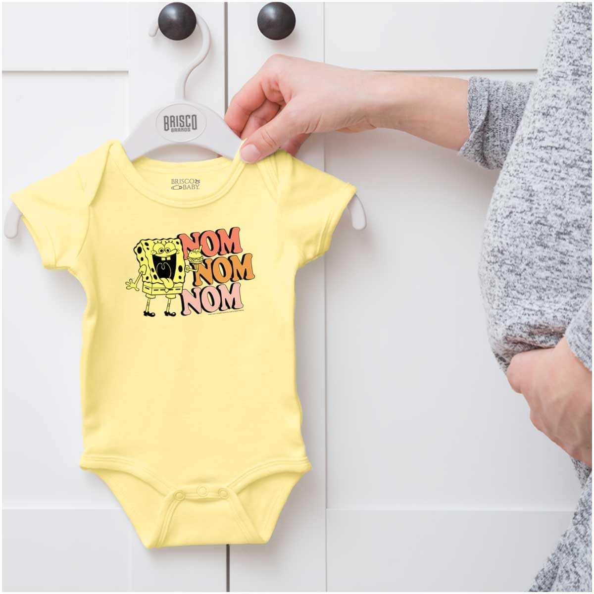 image:imageBrisco Brands Funny SpongeBob Krabby Patty Nom Nom Baby Romper Boys or GirlsBanana