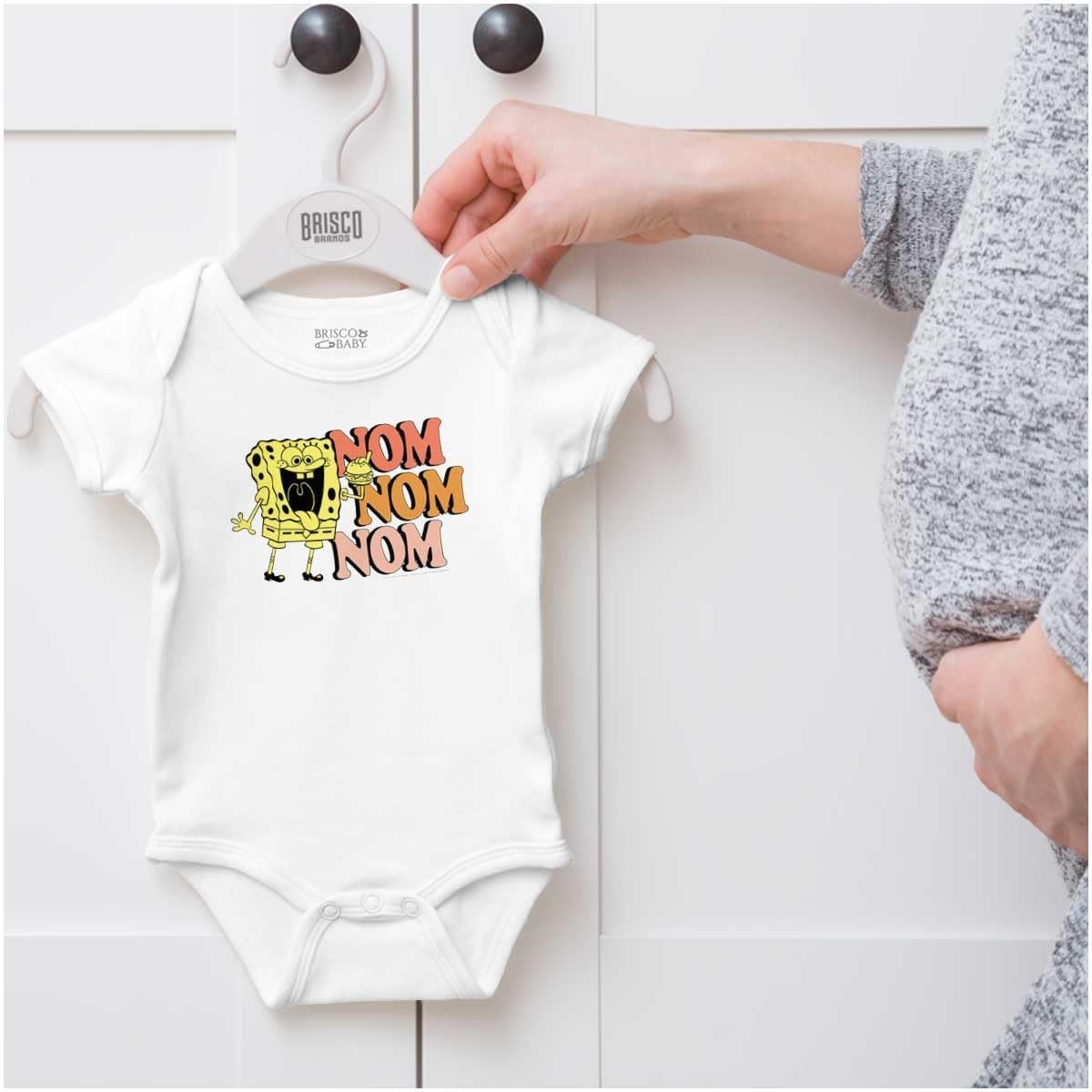 image:imageBrisco Brands Funny SpongeBob Krabby Patty Nom Nom Baby Romper Boys or GirlsWhite