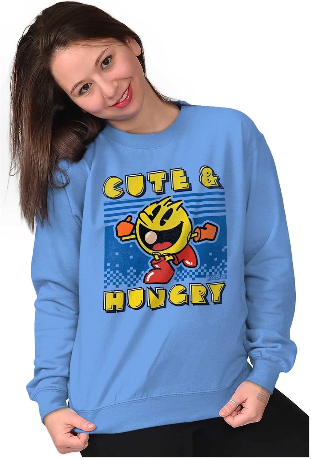 image:imageBrisco Brands Retro Cute Hungry Funny PACMAN Game Women Crewneck SweatshirtCarolina Blue