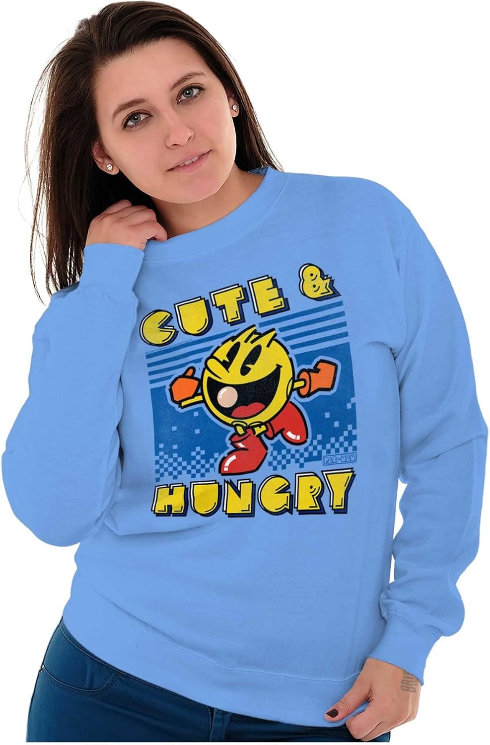 image:imageBrisco Brands Retro Cute Hungry Funny PACMAN Game Women Crewneck SweatshirtCarolina Blue