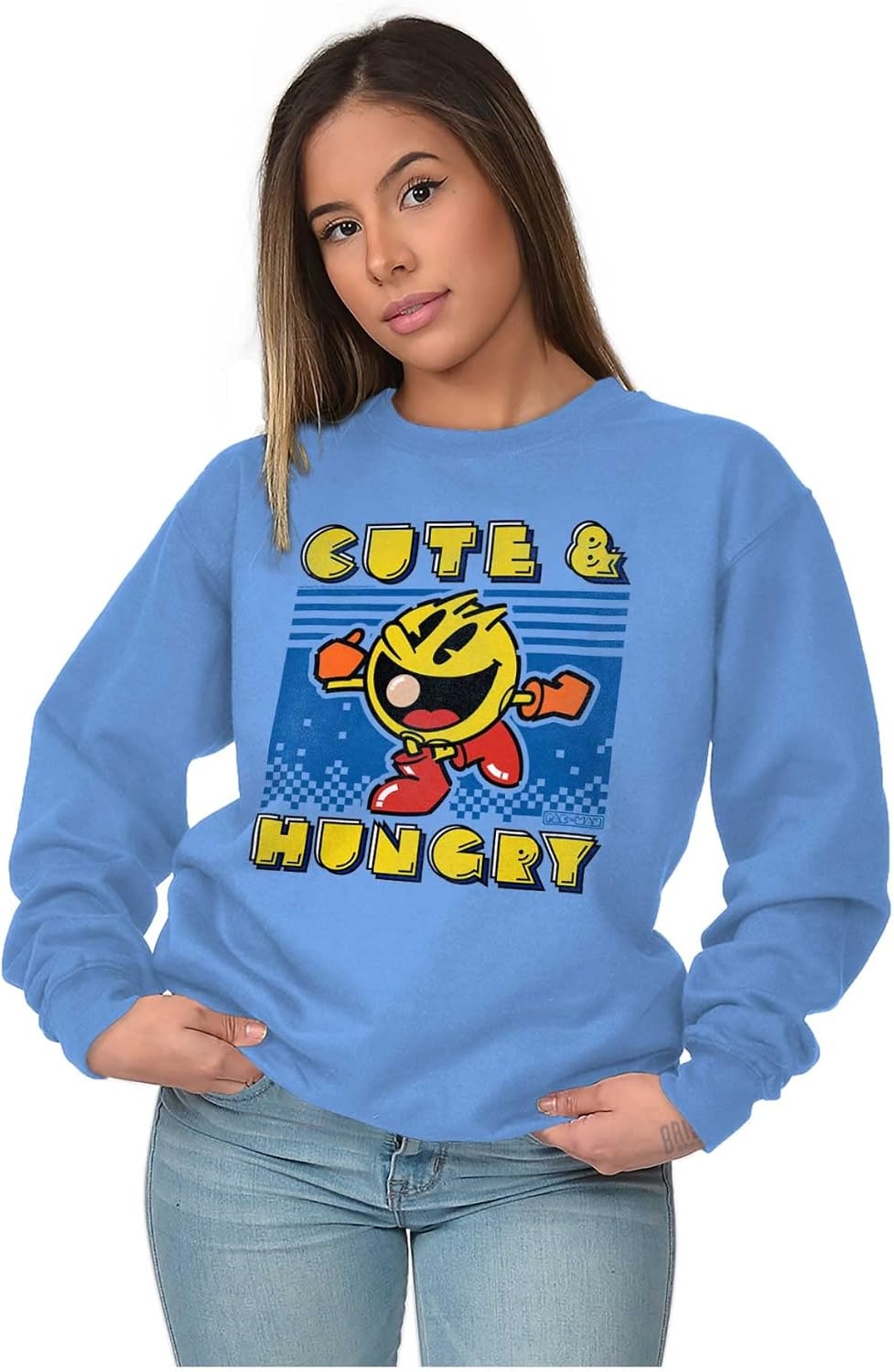 image:imageBrisco Brands Retro Cute Hungry Funny PACMAN Game Women Crewneck SweatshirtCarolina Blue