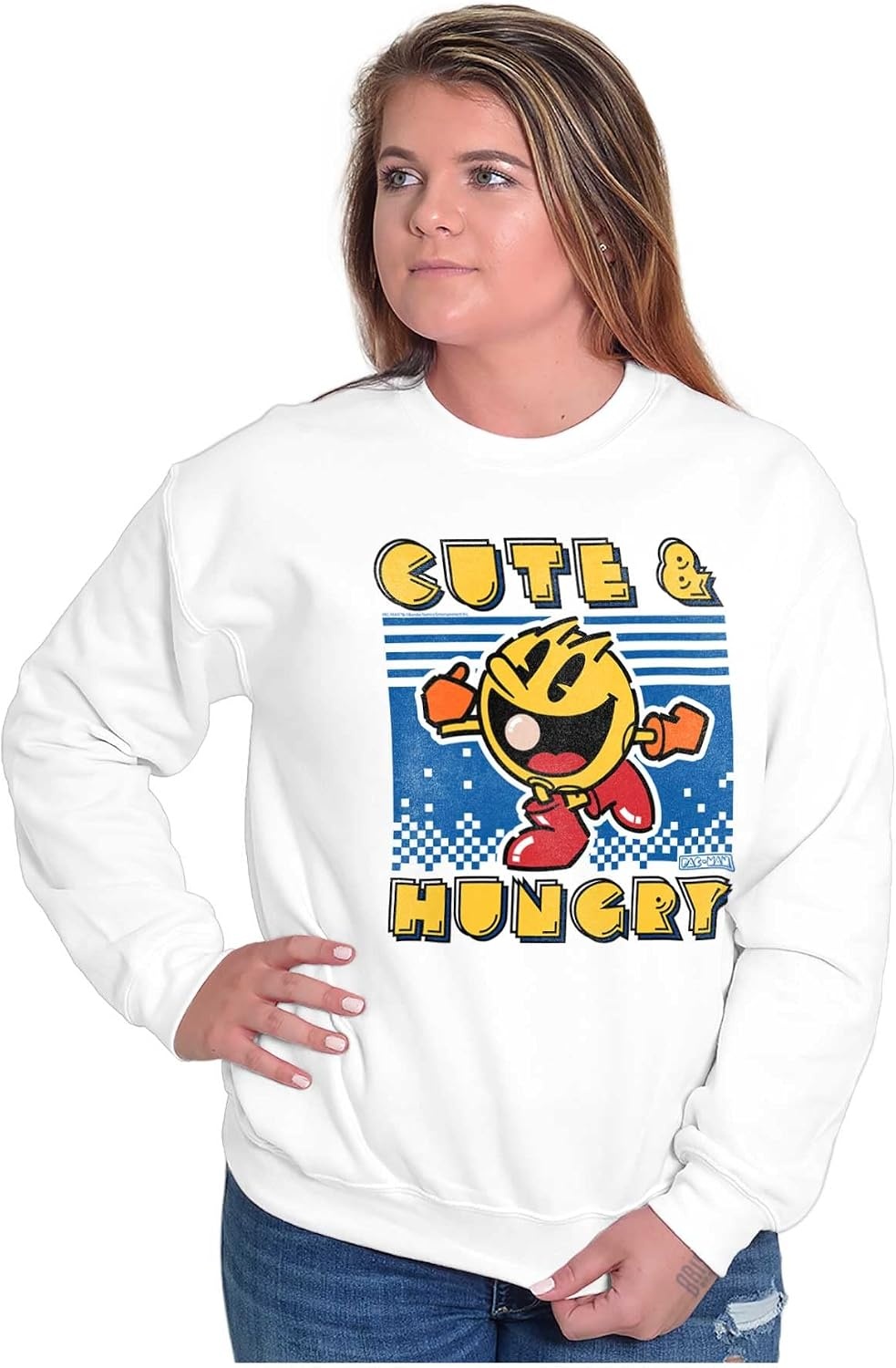 image:imageBrisco Brands Retro Cute Hungry Funny PACMAN Game Women Crewneck SweatshirtWhite