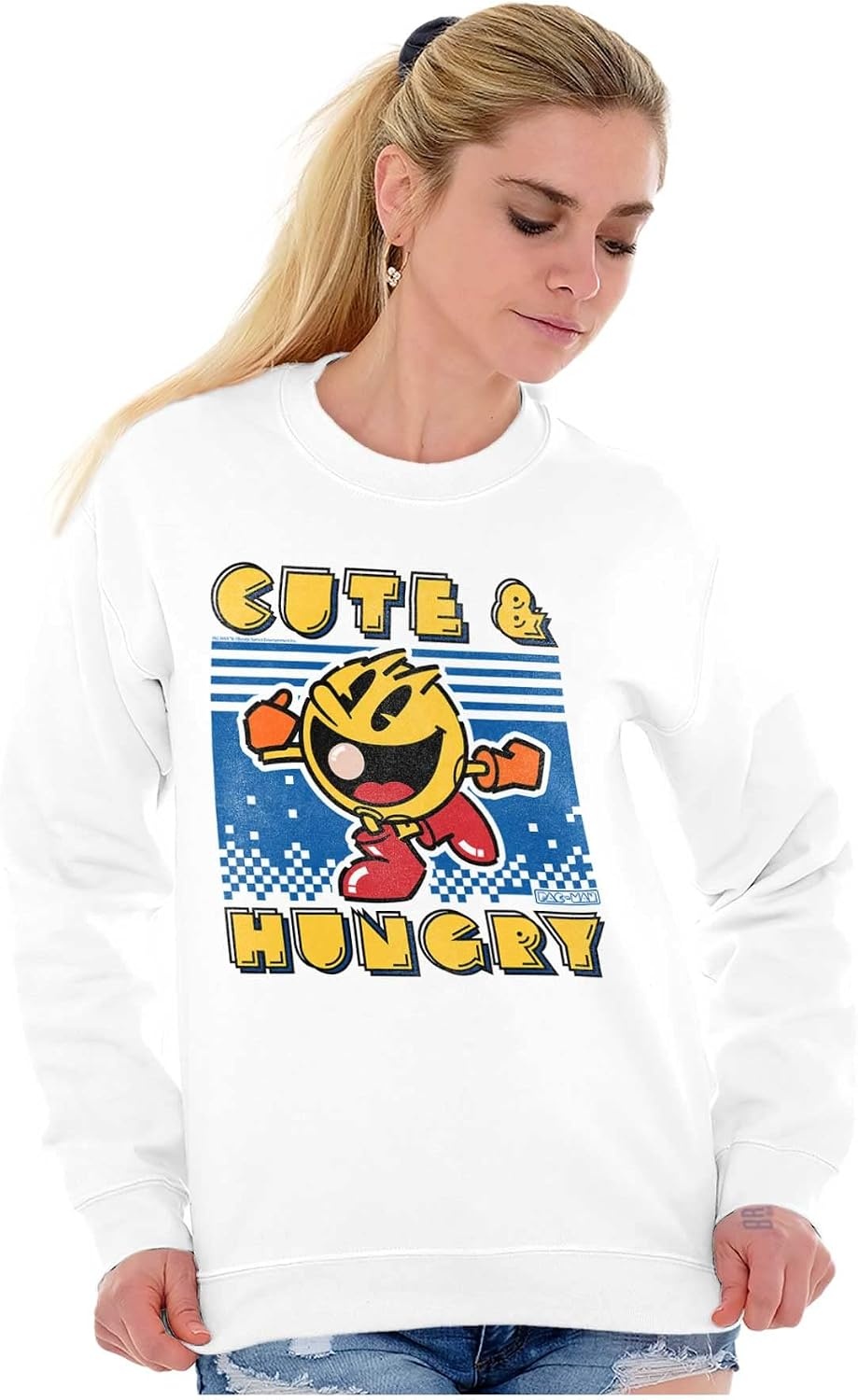 image:imageBrisco Brands Retro Cute Hungry Funny PACMAN Game Women Crewneck SweatshirtWhite