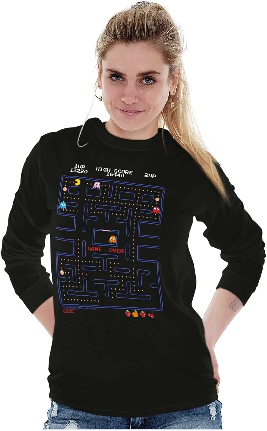 image:imagePacman Game Over Retro Video Gaming Long Sleeve Tshirt Men WomenBlack