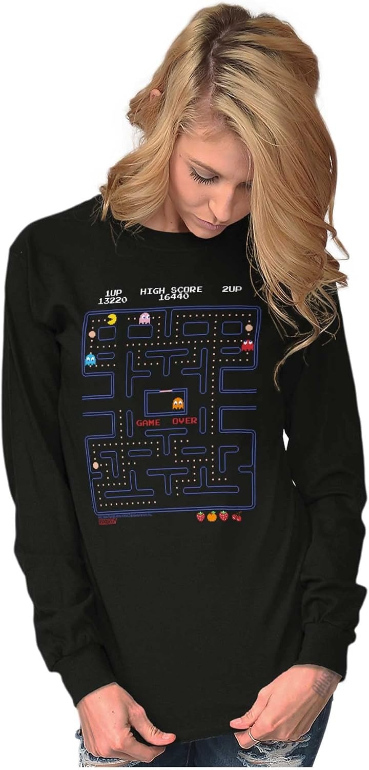 image:imagePacman Game Over Retro Video Gaming Long Sleeve Tshirt Men WomenBlack