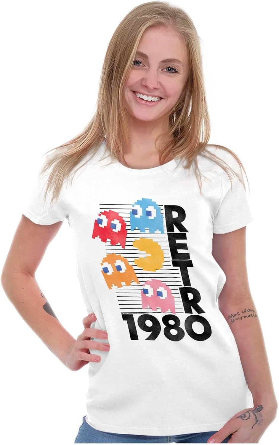image:imageRetro Pacman Arcade Game Characters Womens Slim Fit Graphic Tee