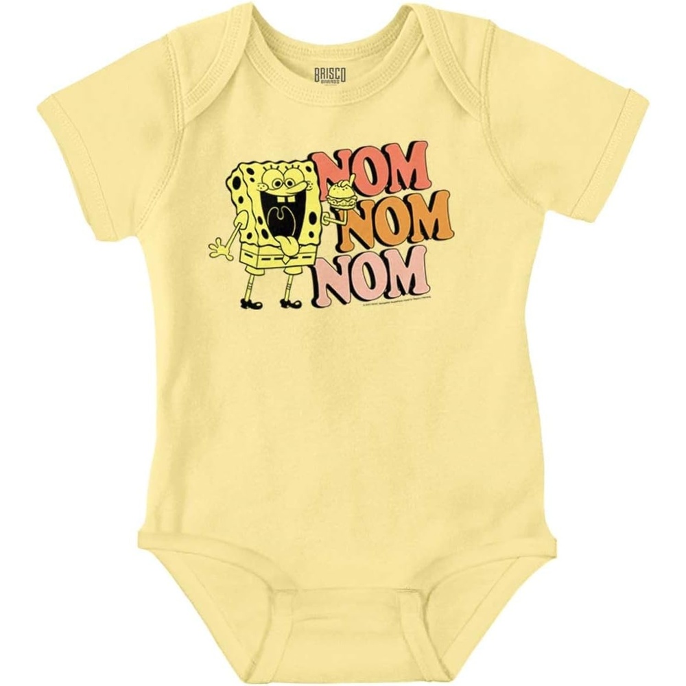 image:imageBrisco Brands Funny SpongeBob Krabby Patty Nom Nom Baby Romper Boys or GirlsBanana