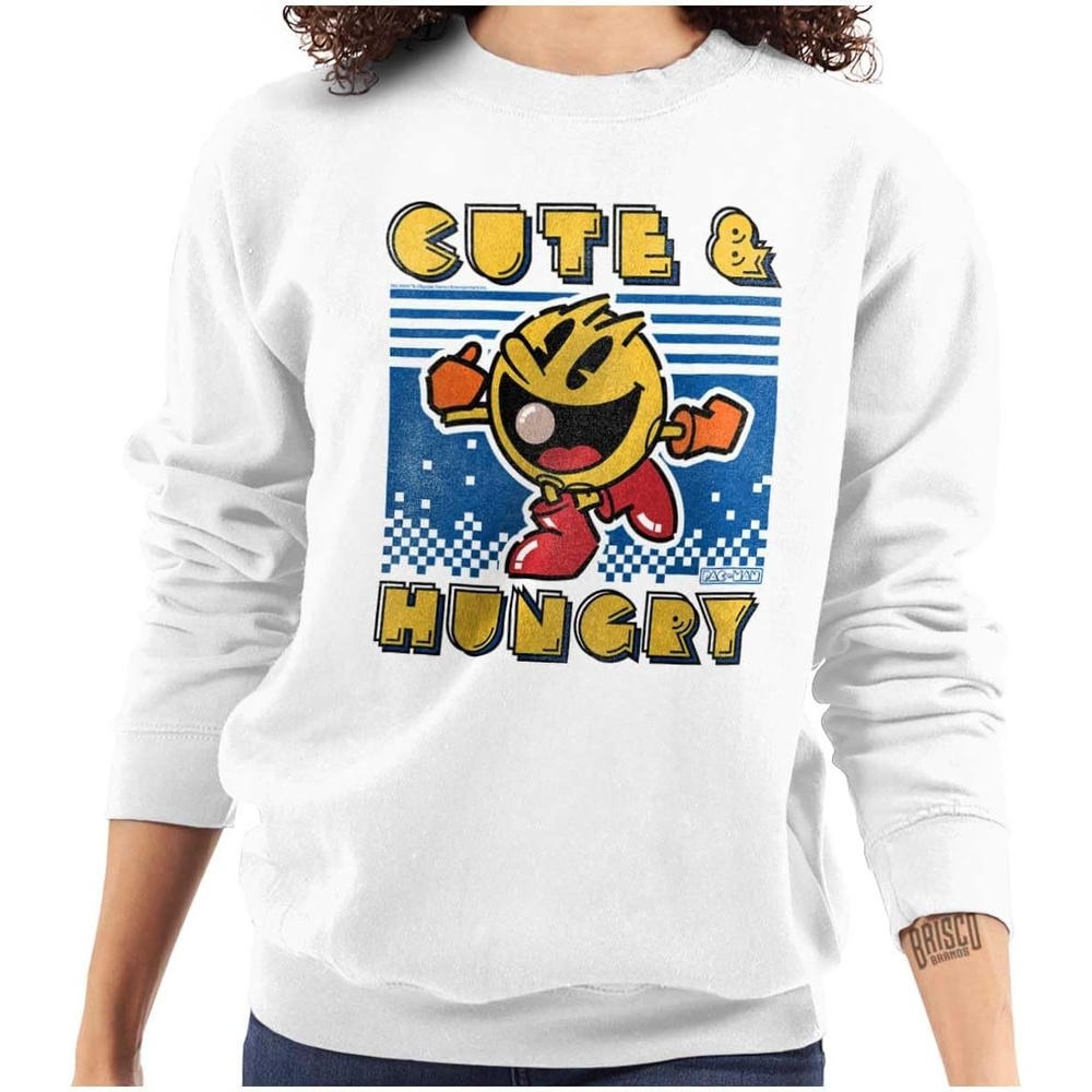 image:imageBrisco Brands Retro Cute Hungry Funny PACMAN Game Women Crewneck SweatshirtWhite
