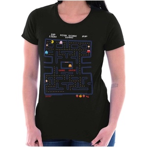 Pacman Game Over Retro Video Gaming Womens Slim Fit Graphic Tee(Black)