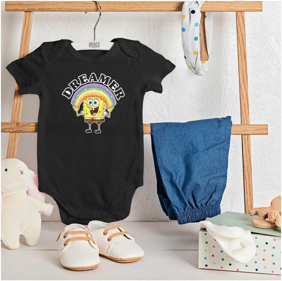 image:imageBrisco Brands SpongeBob Cartoon Rainbow Dreamer Baby Romper Boys or GirlsBlack