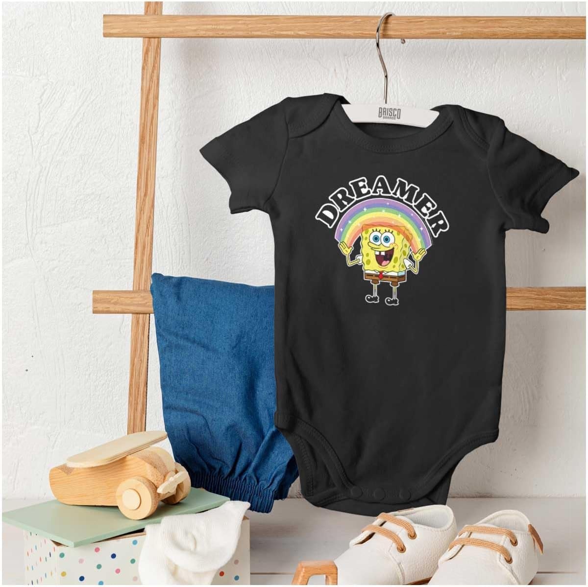 image:imageBrisco Brands SpongeBob Cartoon Rainbow Dreamer Baby Romper Boys or GirlsBlack