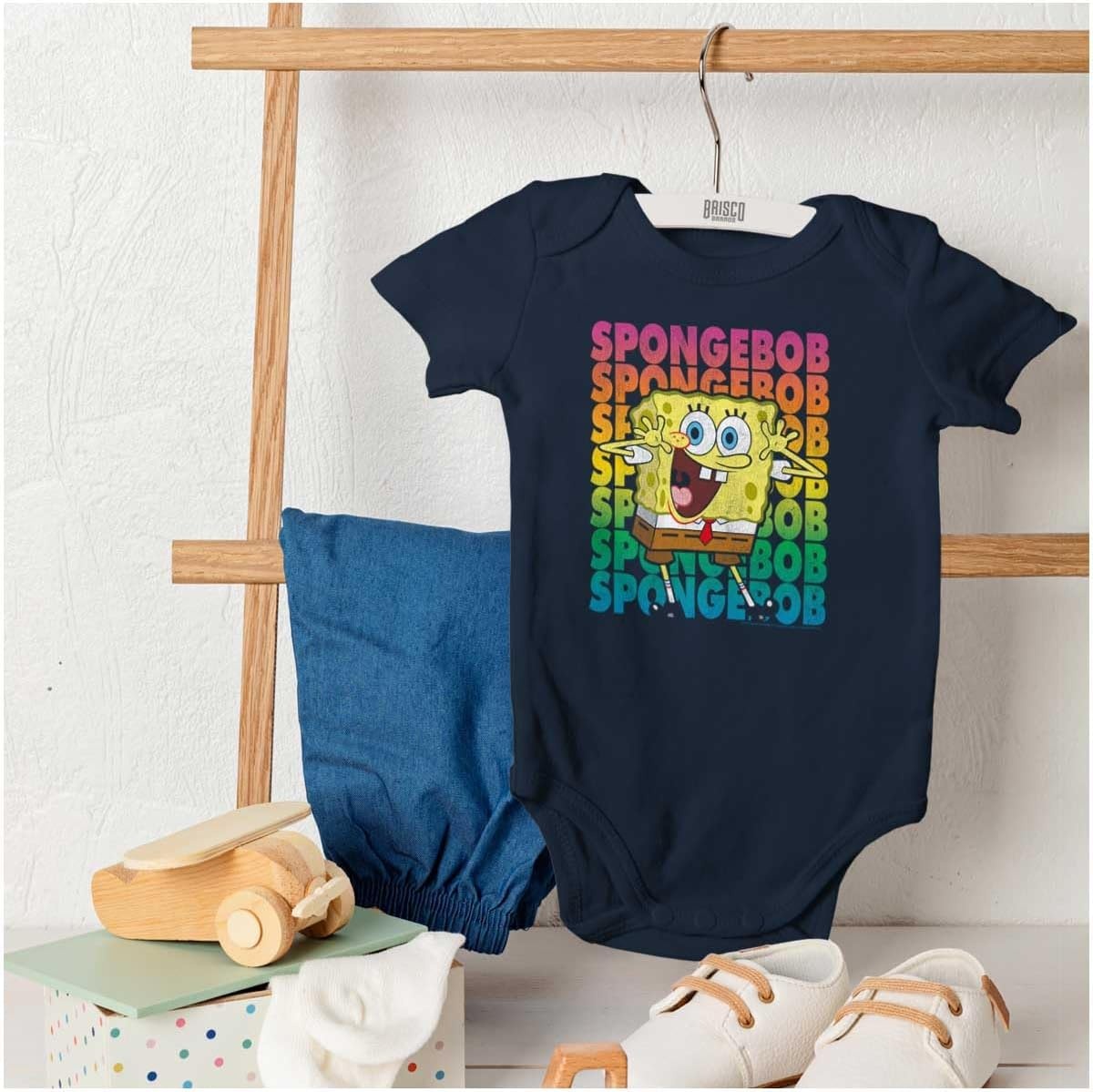 image:imageBrisco Brands SpongeBob SquarePants Cartoon Rainbow Baby Romper Boys or GirlsNavy