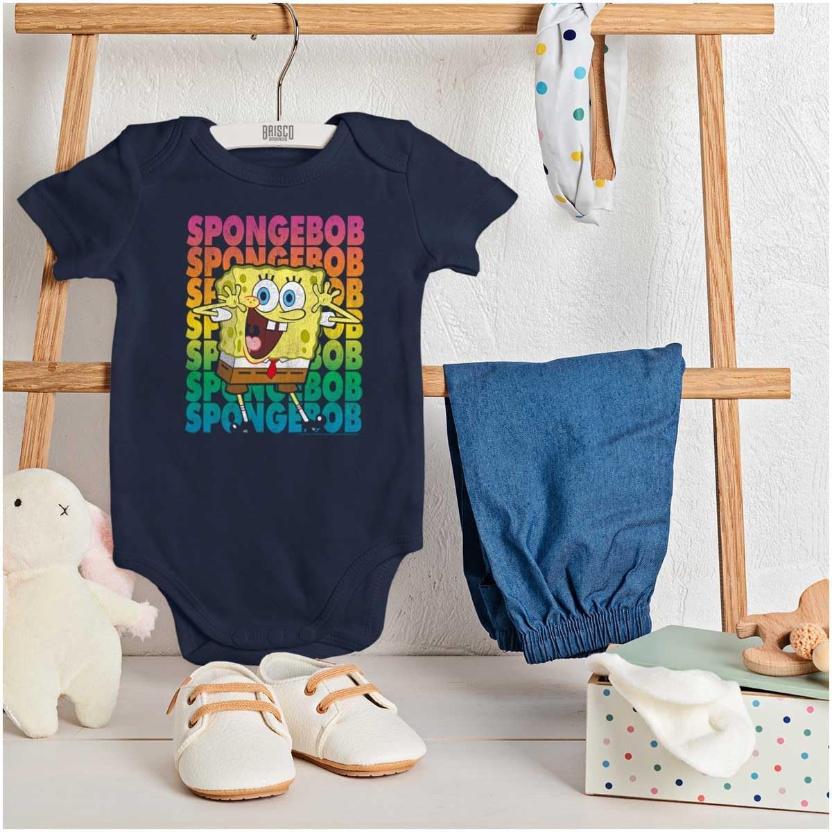 image:imageBrisco Brands SpongeBob SquarePants Cartoon Rainbow Baby Romper Boys or GirlsNavy