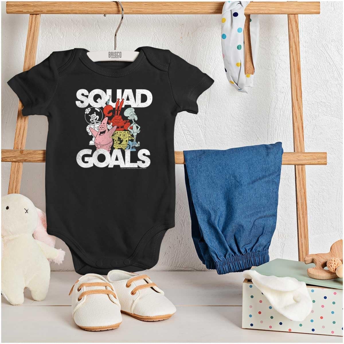 image:imageBrisco Brands SpongeBob and Friends Squad Goals Baby Romper Boys or GirlsBlack