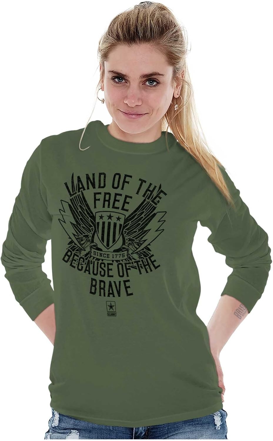 image:imageBrisco Brands US Army Land of The Free Long Sleeve Tshirt Men WomenMilitary Green