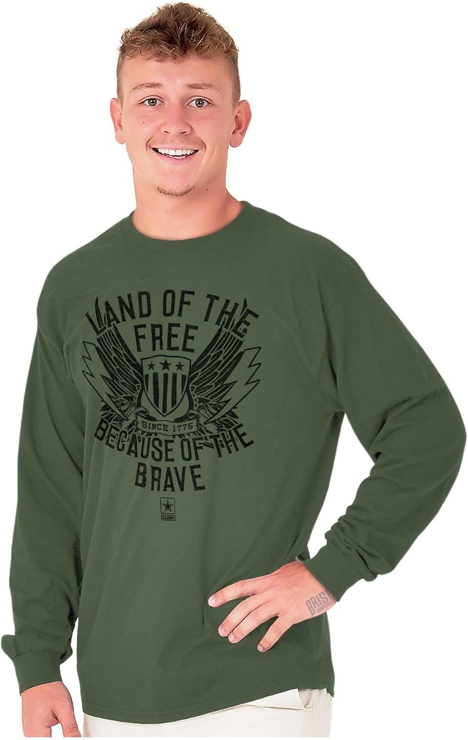 image:imageBrisco Brands US Army Land of The Free Long Sleeve Tshirt Men WomenMilitary Green