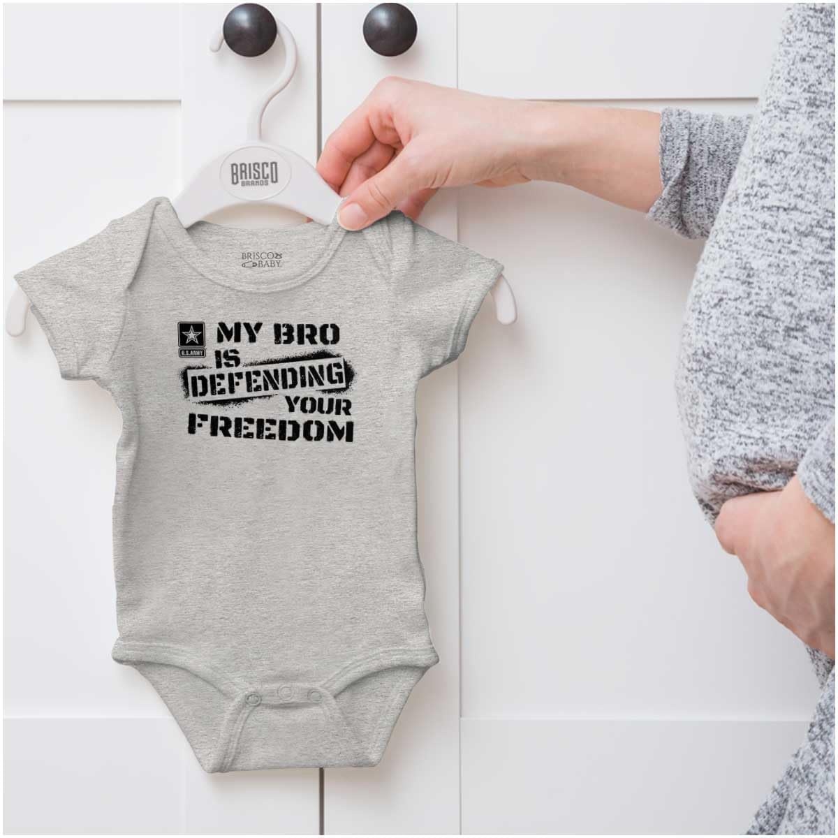 image:imageBrisco Brands US Army My Bro Defending Freedom Baby Romper Boys or GirlsHeather