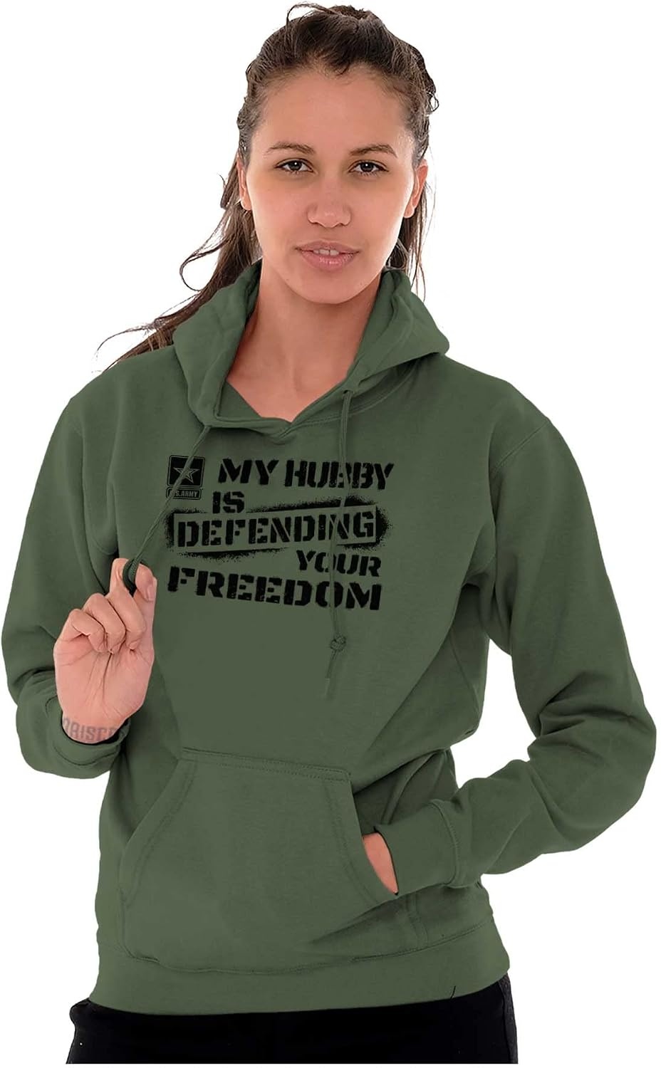 image:imageBrisco Brands US Army My Hubby Defending Freedom Hoodie Sweatshirt Women MenMilitary Green