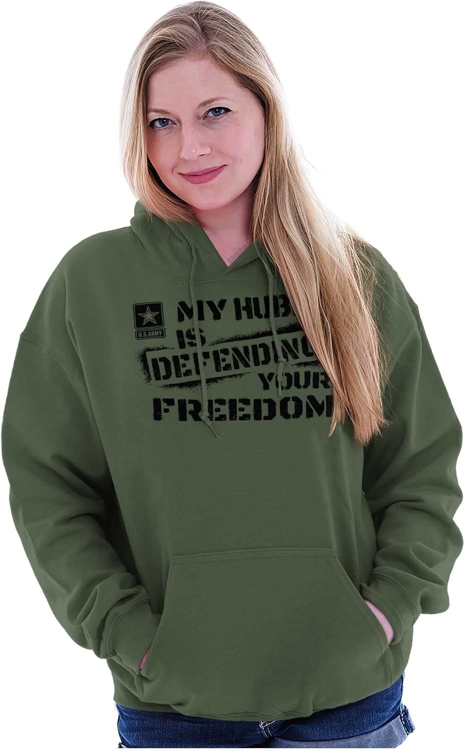 image:imageBrisco Brands US Army My Hubby Defending Freedom Hoodie Sweatshirt Women MenMilitary Green