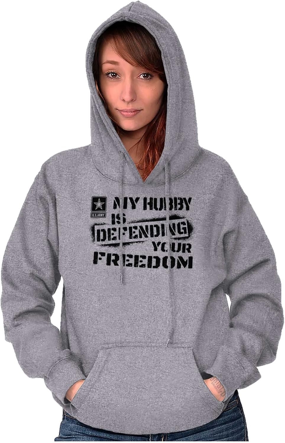 image:imageBrisco Brands US Army My Hubby Defending Freedom Hoodie Sweatshirt Women MenSport Grey