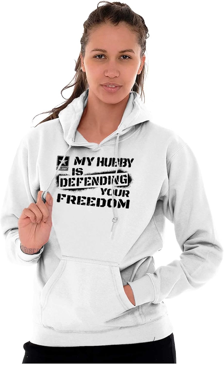 image:imageBrisco Brands US Army My Hubby Defending Freedom Hoodie Sweatshirt Women MenWhite
