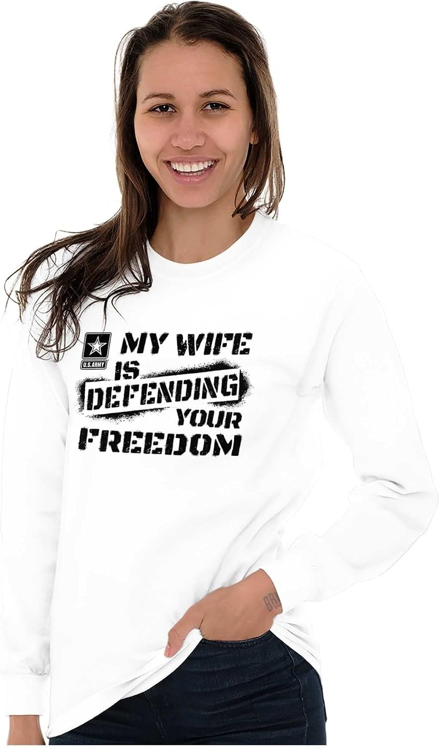 image:imageBrisco Brands US Army My Wife Defending Freedom Long Sleeve Tshirt Men WomenWhite