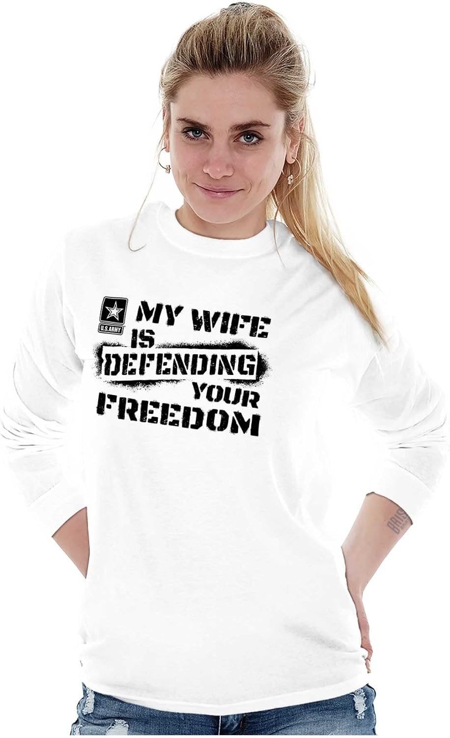image:imageBrisco Brands US Army My Wife Defending Freedom Long Sleeve Tshirt Men WomenWhite