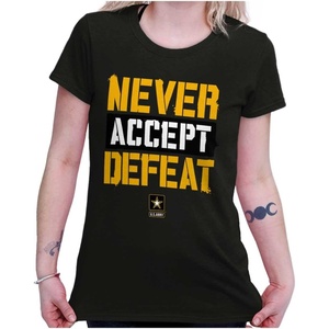 Brisco Brands US Army Logo Never Accept Defeat Womens Slim Fit Graphic Tee(Dark Heather)